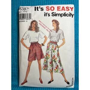 Simplicity 8387 pattern shorts split skirt pull over top size 8-18